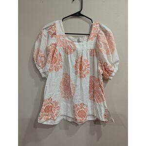 Pretty white cotton peasant style blouse w/coral mandala print by Petals size L